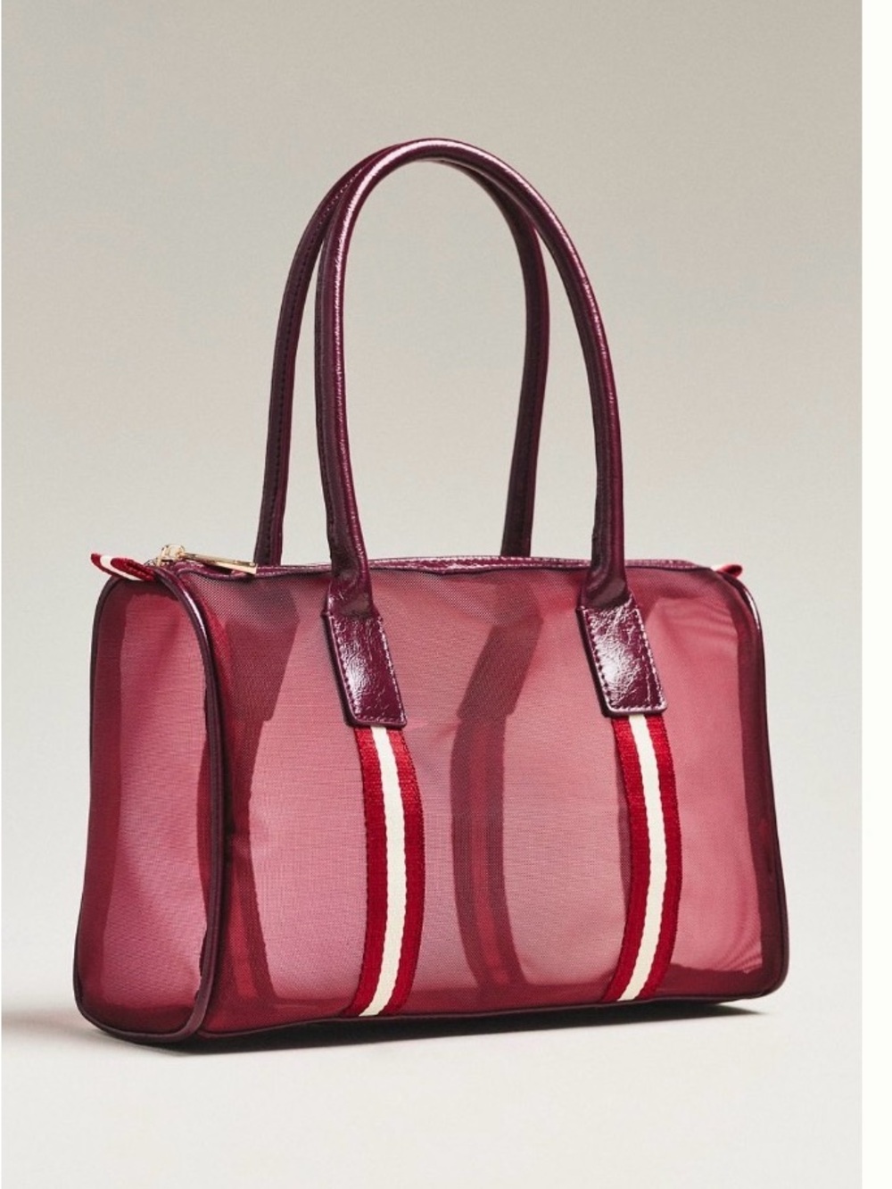 Anthropologie Burgundy Mesh Tote with Red and Cream Stripes